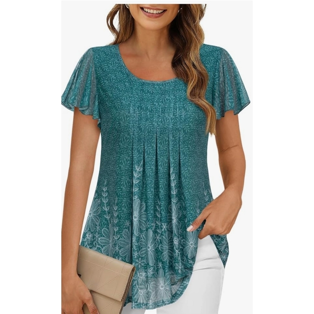 Timeson Double Layer Flutter Sleeve Floral Tunic Teal Size L